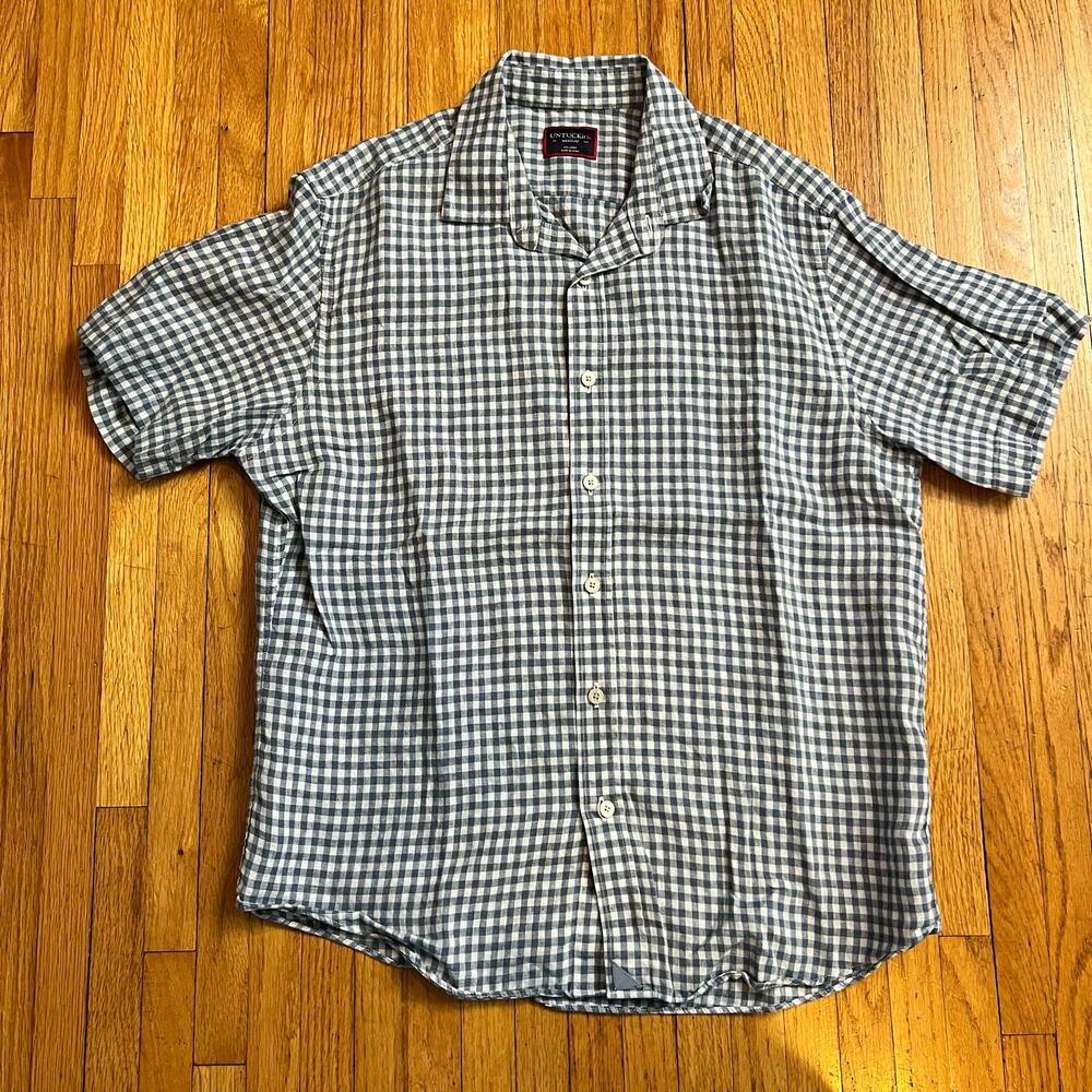 Untuckit Shirt Mens Medium Plaid Linen Button Short Sleeve Blue